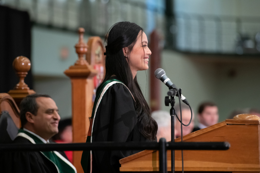 Marie-Antoinette Pangan speaks at convocation 2019.