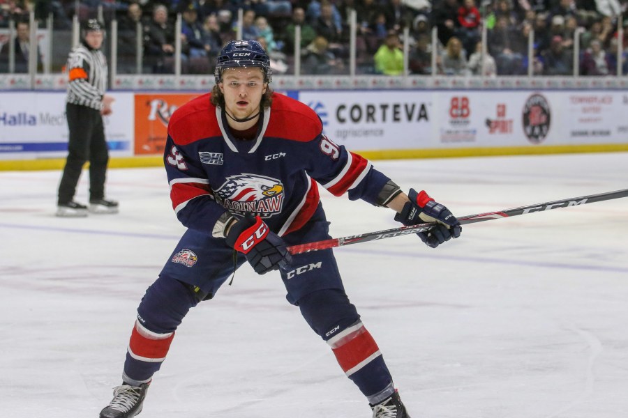 A male hockey player winds up for a shot on net