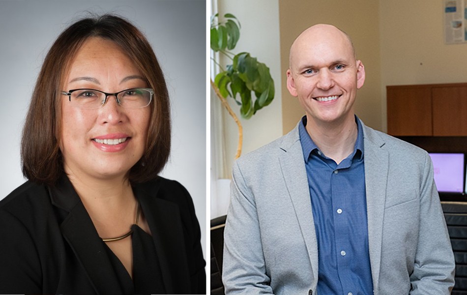 Side-by-side headshots of a female and a male professor in a professional office environment