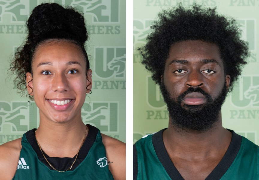 side by side portrait photos of female and male student-athletes