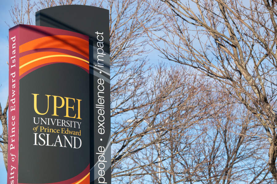 close up photo of the UPEI sign