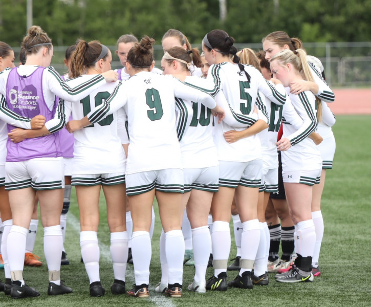 The UPEI Women's Soccer Panthers huddle before a pre-season game against the Université de Moncton. The Panthers open up the regular season at home Friday at 5 p.m. against the Mount Allison Mounties.