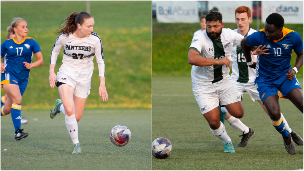 photo collage of a woman and a man playing soccer