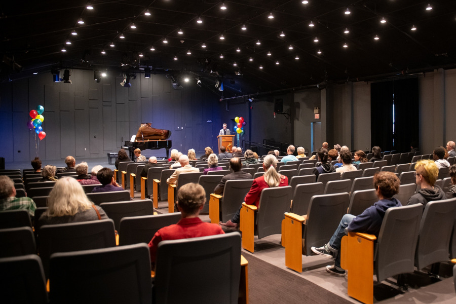 Dr. Dale Sorensen, Chair of the UPEI Music Department addresses attendees at the official grand opening of the newly revitalized Dr. Steel Recital Hall