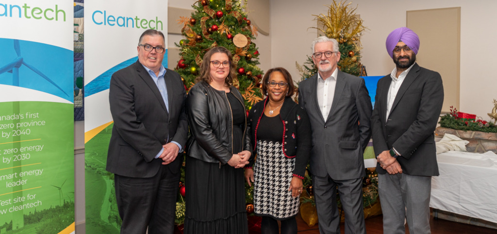 (Left to right): Hon. Steven Myers, Minister of Environment, Energy and Climate Action, Sandra Moore, director of Cleantech Innovation Centre, Dr. Marva Sweeney-Nixon, UPEI associate vice-president research and dean of graduate studies, Dr. Sandy MacDonald, Holland College President, and Dr. Kuljeet Grewal, assistant professor Faculty of Sustainable Design Engineering at UPEI