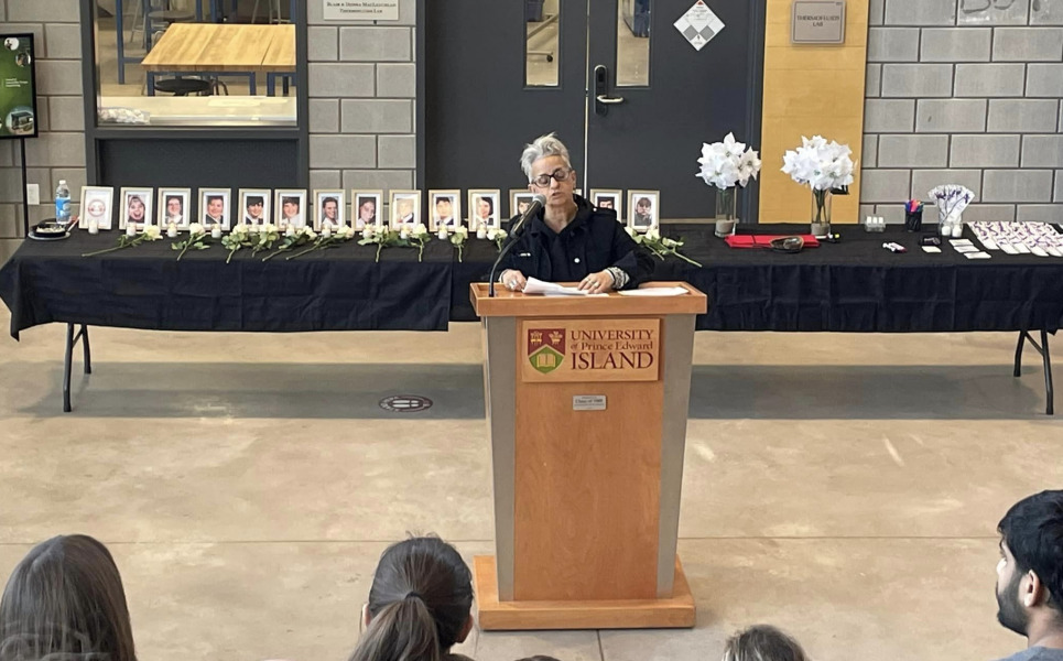 Dr. Ann Braithwaite, diversity and social justice studies program coordinator at UPEI speaks to the crowd at the candlelight vigil on December 6