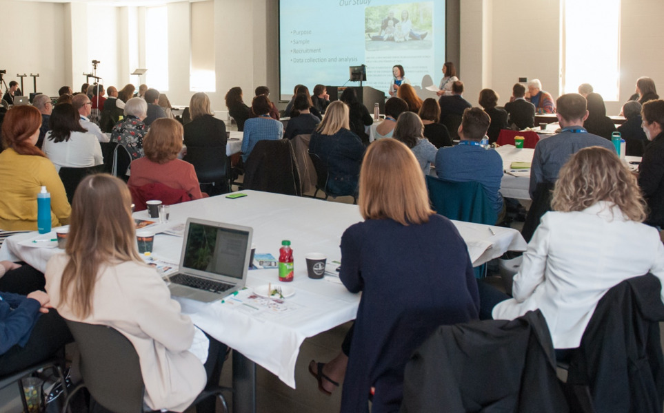 photo of two people presenting to a large group in a meeting room