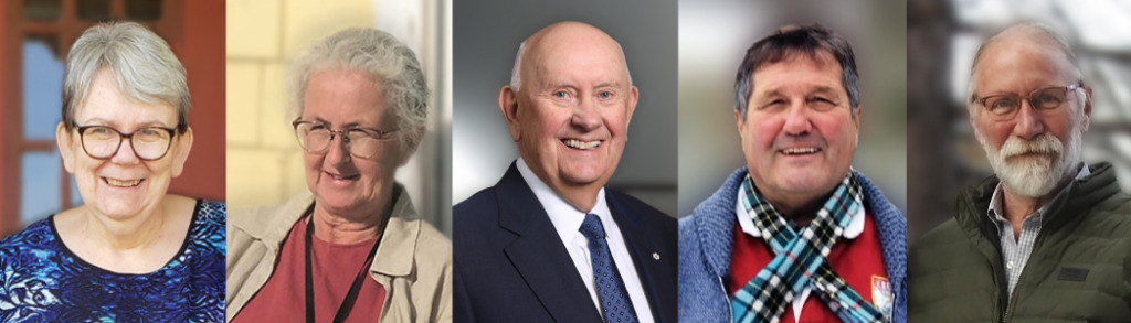 UPEI’s honorary graduands for 2024: Mary Jeanette Gallant, Aggi-Rose Reddin, John Bragg, Reginald “Dutch” Thompson, and Gary Schneider