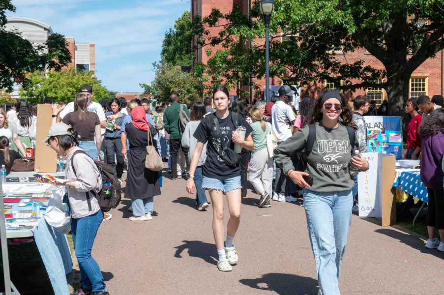 photo of students walking on a crowded campus walkway