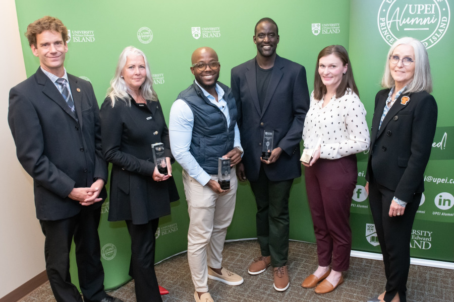 Left to right: Sjors Reijers, president UPEI alumni association; Bernadine Chapman, distinguished alumni award winner; Jonah Tendepi Chininga, James Muhato and Ellen Dixon, inspiring young alumni award winners; and Dr. Wendy Rodgers, president and vice-chancellor of UPEI. (Missing from photo is Hon. Alonzo Wright, distinguished alumni award winner who was unable to attend in person due to court commitments.)