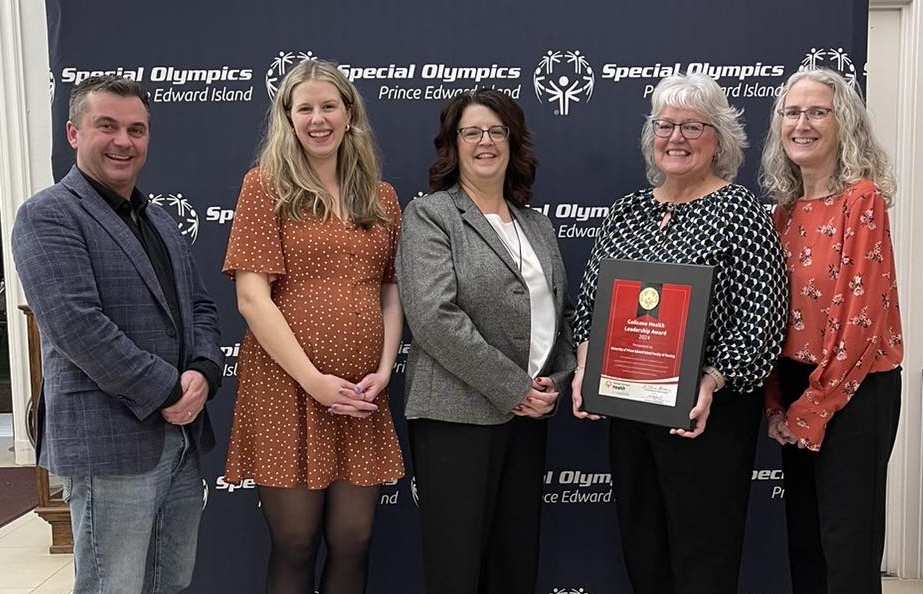 (Left to right): Robert Horne, president of the Special Olympics PEI board of directors; members of the UPEI Faculty of Nursing - Dr. Brianna Hughes, assistant professor; Dr. Patrice Drake, acting dean; Kathy Walsh, clinical nursing instructor; and Dr. Janet Loo, assistant professor.