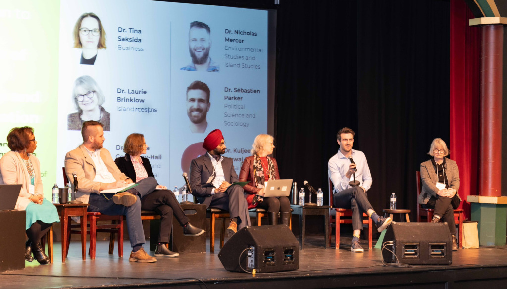 Dr. Marva Sweeney-Nixon (left) moderated a panel discussion following the launch which included UPEI faculty members Dr. Nick Mercer, Dr. Tina Saksida, Dr. Kuljeet Grewal, Dr. Pamela Courtney-Hall, Dr. Sébastien Parker and Dr. Laurie Brinklow. 