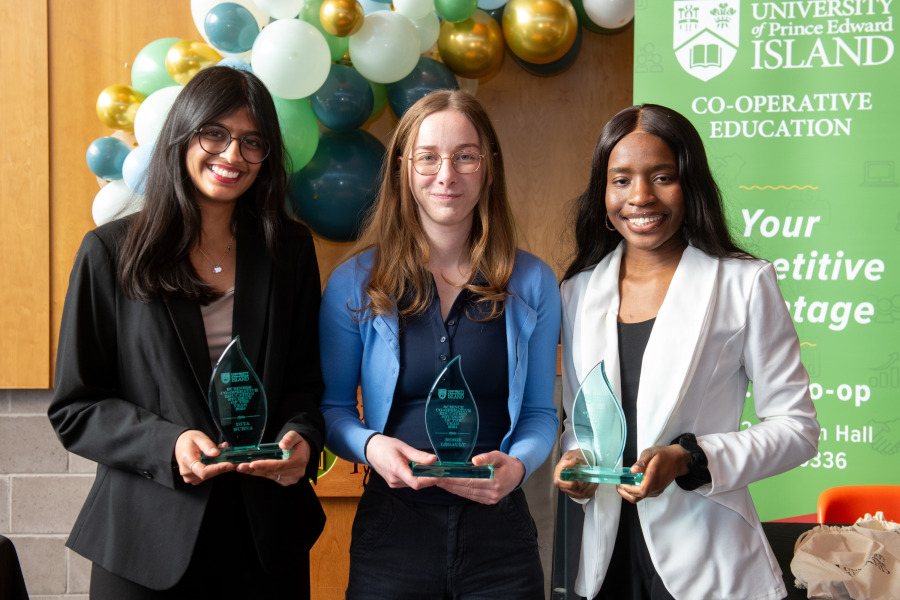 Winners of the 2024 UPEI Co-op Student Awards: Diya Bubna, UPEI Business Co-op Student of the Year; Rosie Legault, UPEI Science Co-op Student of the Year; and Carol Edzeame, UPEI Arts Co-op Student of the Year.  