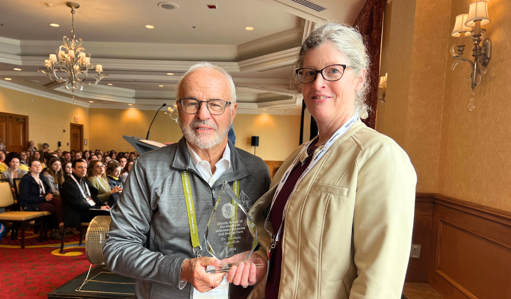 Dr. Rhonda Hamilton (R) receives the Atlantic Award of Excellence from Dr. Ernie Prowse (L), chair of the Atlantic Provinces Veterinary Conference.