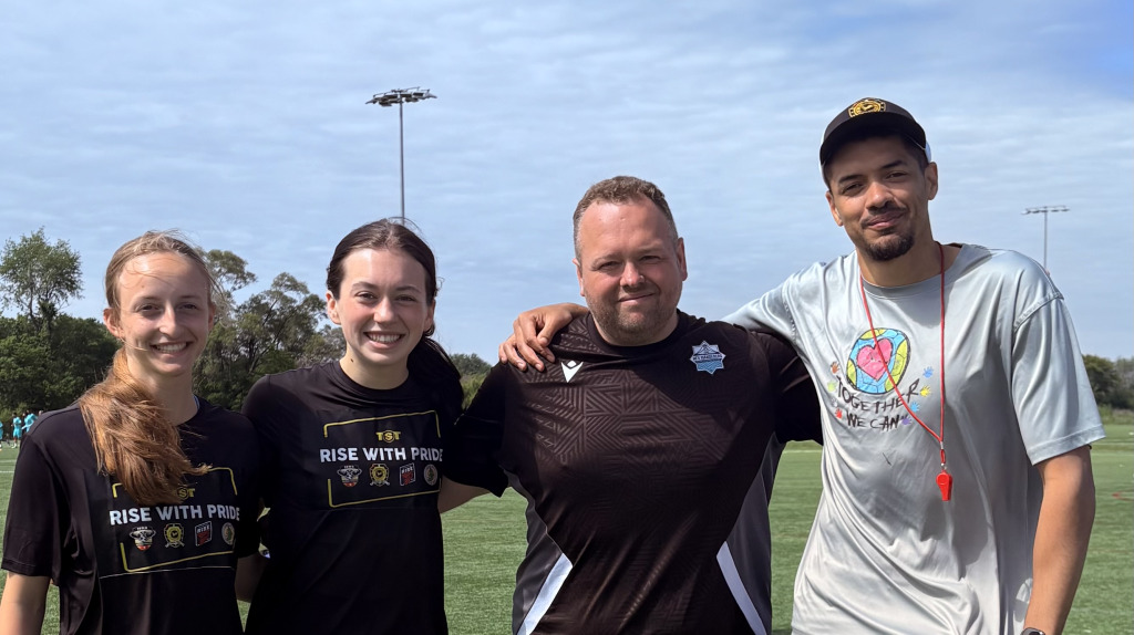 UPEI’s Juliette Bader, Lydia Hamill, and Jed Davies, with Austin Rise FC coach Onua Obasi