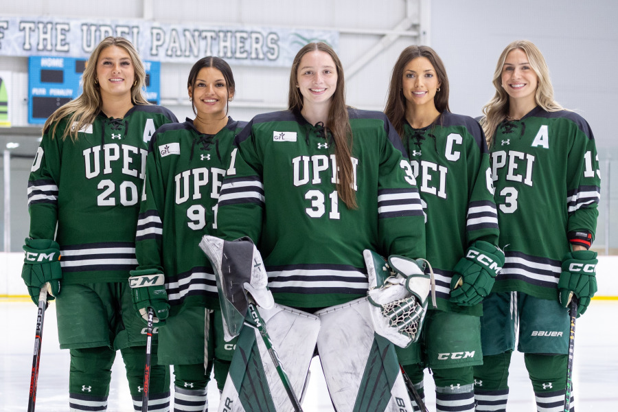 UPEI Women’s Hockey Panthers Ashley McCutcheon, Kaiya Maracle, Sarah Forsythe, Chloe McCabe, and Chiara Esposito UPEI Women’s Hockey Panthers Ashley McCutcheon, Kaiya Maracle, Sarah Forsythe, Chloe McCabe, and Chiara Esposito
