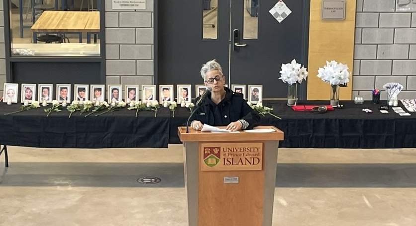 Dr. Ann Braithwaite, professor of Diversity and Social Justice Studies at UPEI speaking at the 2023 candlelight vigil.