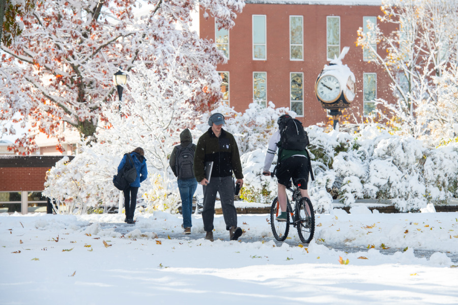 Photo of students walking on campus during winter
