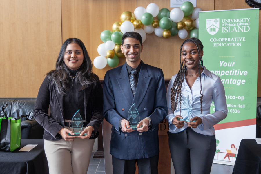 Recipients of the 2025 UPEI Co-op Student Awards: Darshanaa Madoo, UPEI Business Co-op Student of the Year; Jehaan Cooper, UPEI Science Co-op Student of the Year; and Feyisayo Adediran, UPEI Arts Co-op Student of the Year. 