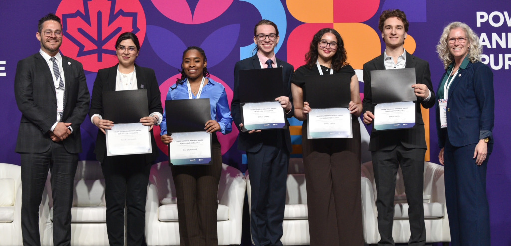 Five post-secondary students are presented with the second-annual Frank Saunders Memorial Awards for Nuclear Excellence on April 29 at the 2026 Canadian Nuclear Association Conference in Ottawa.   L-R: Pat Dalzell, Vice-President, Corporate Affairs and Market Development, Bruce Power; Tina Nazemzadeh, Western University; Kya Drummond, University of Calgary; Ethan Drake, University of Prince Edward Island; Amna Dahar, University of Calgary; Ethan Perlin, University of Calgary; Jessica Linthorne, President an