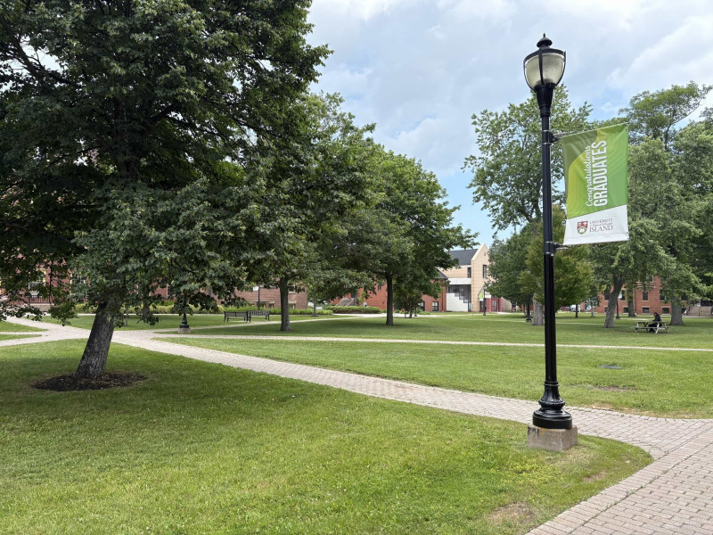 photo of campus quadrangle with a lamp post and banner in foreground