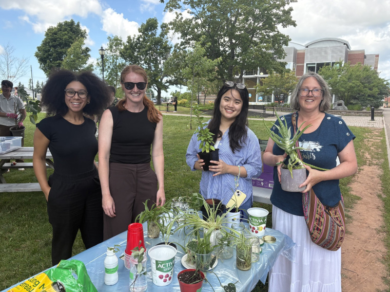 Photo of four people gathered around a table holding plant trimmings and cuttings.