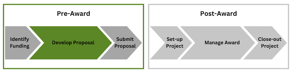 a green graphic depicting the pre-award to post-award life cycle