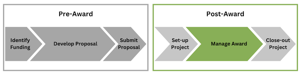 a green graphic depicting the pre-award to post-award life cycle