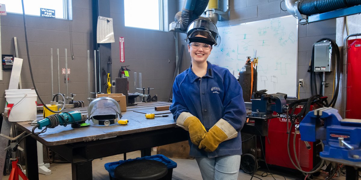 UPEI engineering student Bridget Patterson in a welding lab
