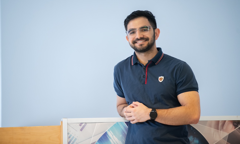 UPEI mathematics student Samuel in the Cass Science Hall lobby