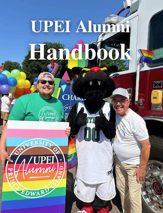 a photo of two people and UPEI's mascot, Pride