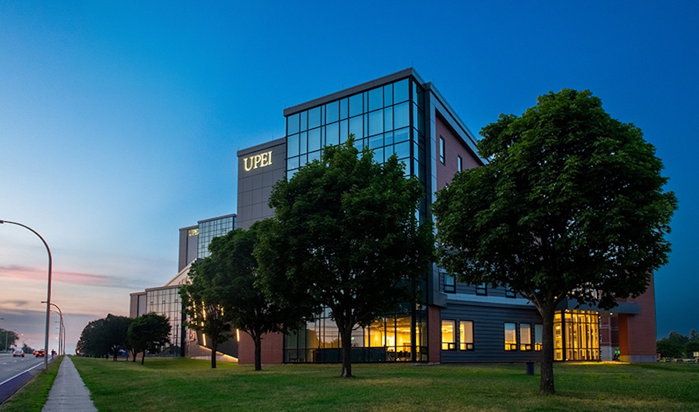 exterior of UPEI's Performing Arts Centre and Residence at dusk
