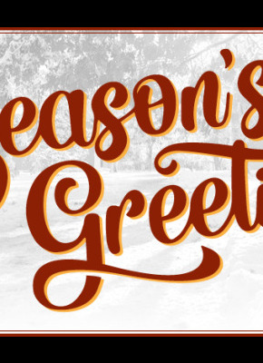 decorative image with winter scene, Season's Greetings text, and gold-coloured acorns