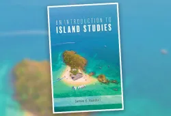 A book cover for An Introduction to Island Studies featuring an overhead photo of a small tropical island