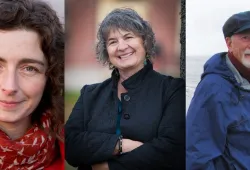 Three photos edited side by side by side. Headshots of two women with dark hair, and a medium close up of a man with a grey beard