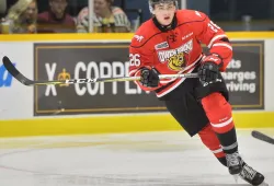 A hockey player in a red and black uniform skates down the ice