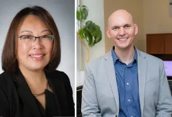 Side-by-side headshots of a female and a male professor in a professional office environment