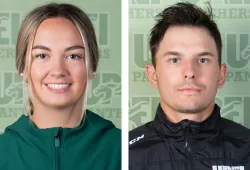 Close-up photographs of a female and a male student athlete in geen Panthers athletics gear