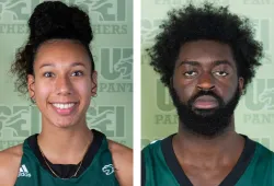 side by side portrait photos of female and male student-athletes