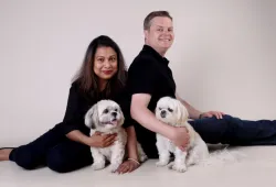 Shama Huda and Matthew Latimer are honouring their dog Gizmo (right) with a scholarship to AVC. 