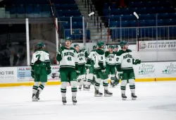 The UPEI Men's Hockey Panthers acknowledge the home crowd following an 8-4 win over the Saint Mary's Huskies on November 18.