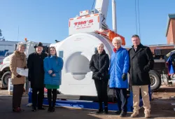 The new MRI scanner arrived at AVC on Thursday, February 9. There to witness its arrival were, from left to right, Myrtle Jenkins-Smith, Dr. Greg Keefe, Dr. Heather Gunn-McQuillan, Dr. Anne Marie Carey, Honourable Catherine Callbeck, and Marven MacLean.