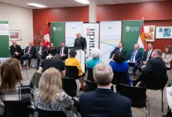 L-R: Bobby Morrissey, MP Egmont; Sean Casey, MP Charlottetown; Hon. Dominic LeBlanc, Minister of Intergovernmental Affairs, Infrastructure and Communities; Hon. Chrystia Freeland, Deputy Prime Minister and Minister of Finance; Heath MacDonald, MP Malpeque; Dr. Greg Keefe, UPEI President; Hon. Dennis King, Premier of PEI; Hon. Ernie Hudson, Minister of Health and Wellness; Hon. Cory Deagle, Minister of Transportation and Infrastructure; Hon. Natalie Jameson, Minister of Education and Lifelong Learning