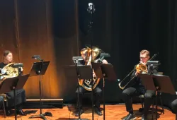 Members of the Maritime Brass Quintet from left: Curtis Dietz (trumpet), Gina Patterson (horn), Bob Nicholson (tuba/bass trombone), Dale Sorensen (trombone) and Richard Simoneau (trumpet).