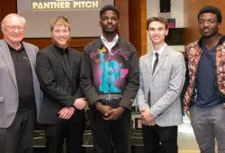 From left to right: H. Wade MacLauchlan (representing the family of Harry W. MacLauchlan) and 2023 winners Evan Hutchinson, Jerry Oriade, Matt Jelley, and Chinemerem Mbonu.