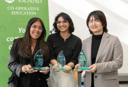 Winners of the 2023 UPEI Co-op Student Awards: Ruth Cano, UPEI Arts Co-op Student of the Year; Roshna Roby, UPEI Science Co-op Student of the Year; and Sev Thi, UPEI Business Co-op Student of the Year