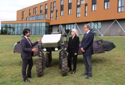 Dr. Aitazaz Farooque (left), Professor and Associate Dean of the UPEI School of Climate Change and Adaptation, speaks with Dr. Wendy Rodgers, President and Vice-Chancellor of UPEI, and Dr. Alejandro Adem, President, Natural Sciences and Engineering Research Council of Canada, at a recent federal funding announcement at UPEI’s Canadian Centre for Climate Change and Adaptation in St. Peter’s Bay, PEI.