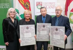 Dr. Wendy Rodgers, president and vice-chancellor of UPEI, with 2024 Founders Vickie Johnston, retired faculty member; Dr. Michael Liu, Professor Emeritus; and Bob Pierce, chair of the Saint Dunstan’s University Board of Governors.