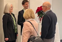 Dr. Wendy Rodgers, UPEI president and vice-chancellor, and Sjors Reijers, president of the UPEI Alumni Association, greet attendees at UPEI's 2025 New Year's Day Levee.