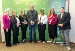 Dr. Wendy Rodgers, president and vice-chancellor of UPEI; Dr. Janice Keefe, Distinguished Alumni Award winner; Katie Arsenault, Derek Schipper, and Alexia Riche, Inspiring Young Alumni Award winners; Dr. Lesley Steele, Distinguished Alumni Award winner; and Ronnie McPhee, president, UPEI Alumni Association.